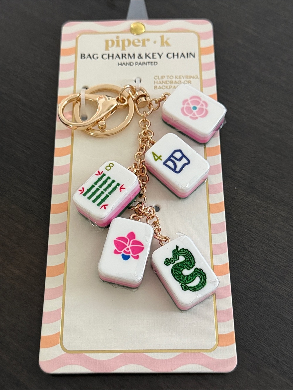 Piper K Pink “Mahjong Tile” Theme Bag Charm with Gold Hardware